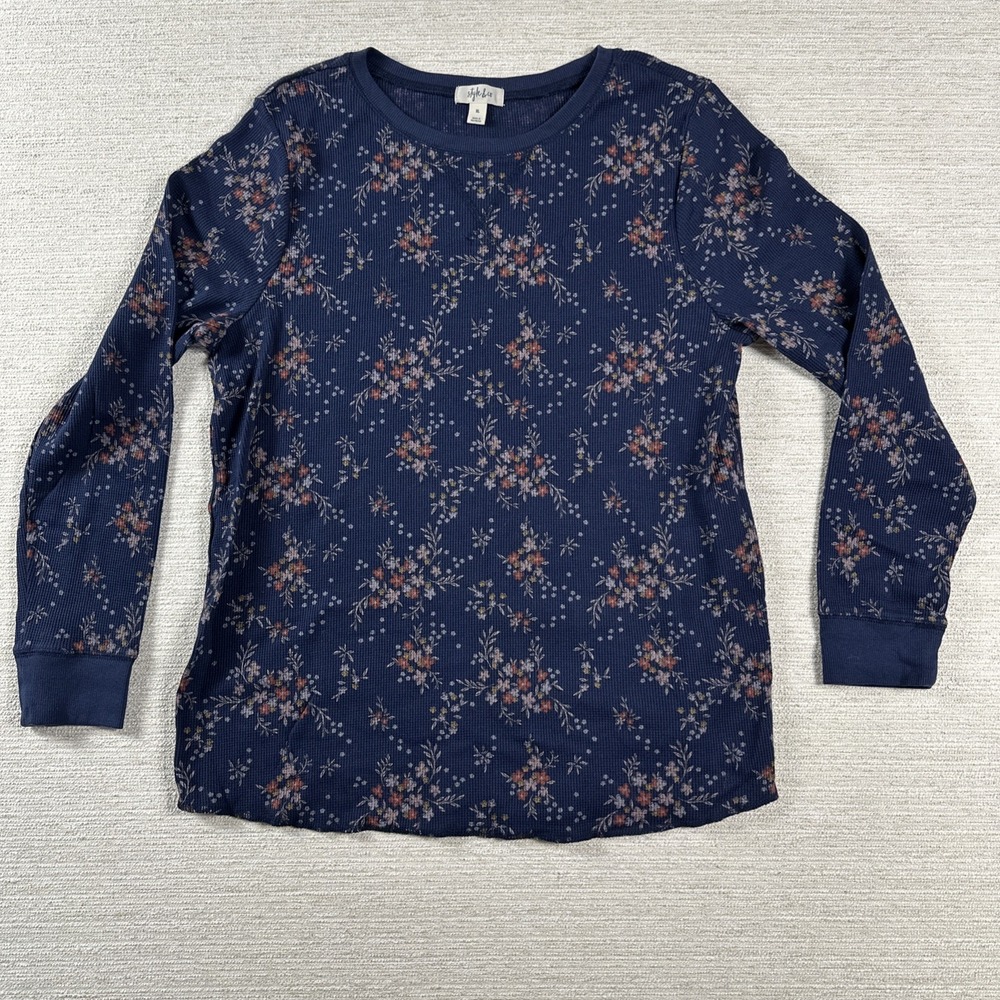 Cottagecore Floral Waffle Knit Top Navy Thermal Style & Co XL Boho Prairie